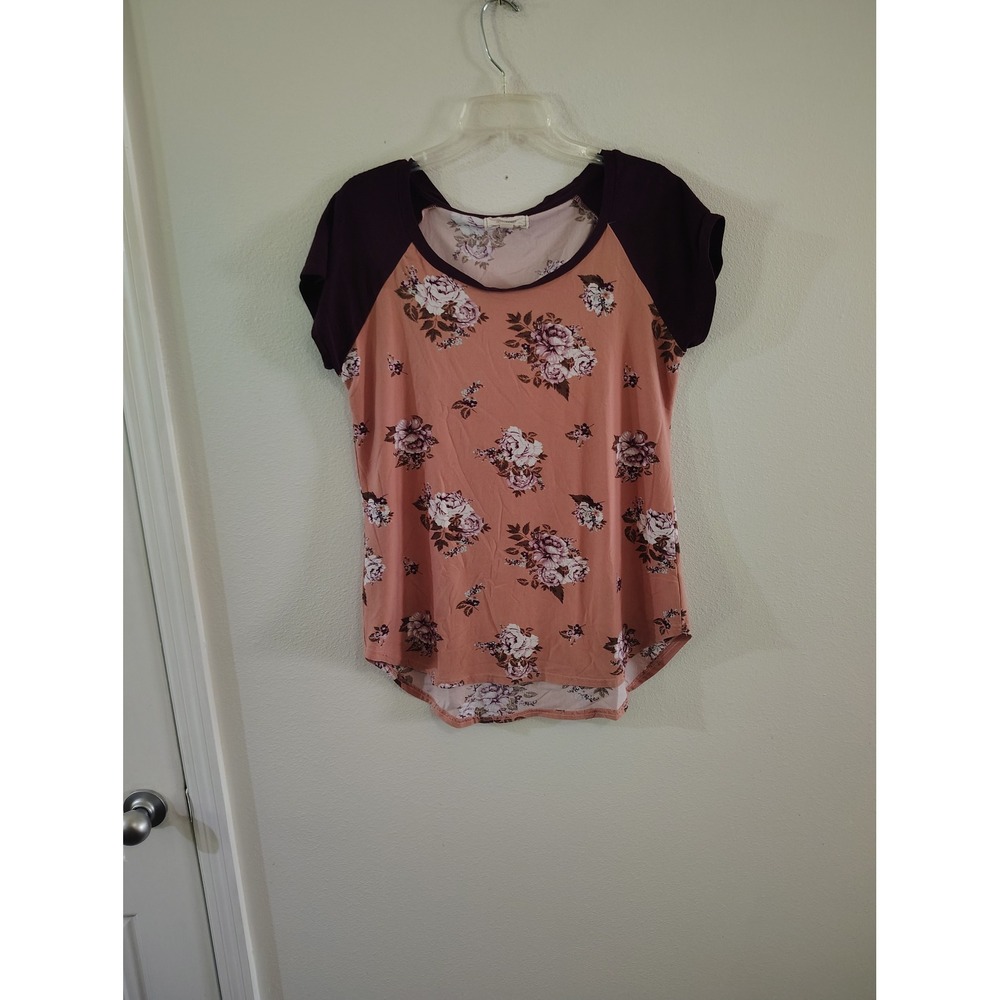 No Comment NY-LA Floral Raglan Tee Peach Purple Short Sleeve Scoop Neck XL